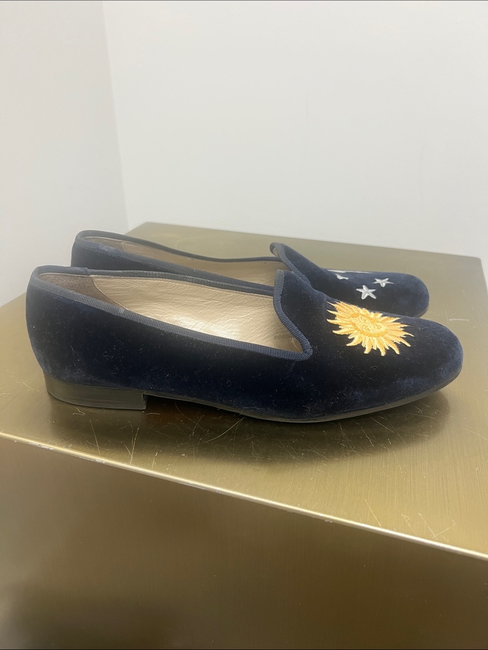 Stubbs & Wootton Navy Velvet Loafers with Gold Sun and stars Embroidery